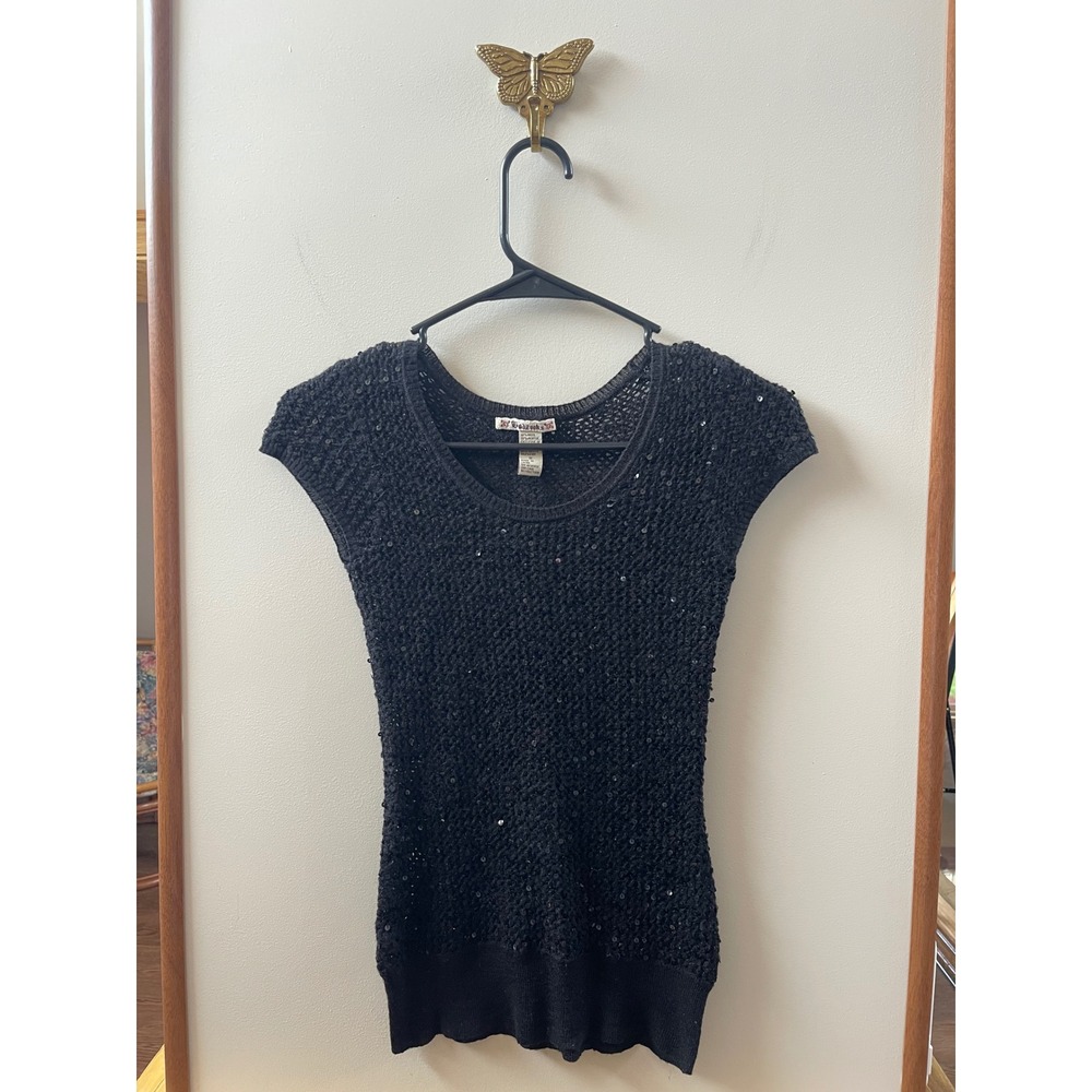Gadzooks Sequin Crochet Sweater Women Medium Black Excellent Y2K Cap Sleeve Top